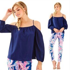 Lilly Pulitzer Candice 100% Silk Cold Shoulder Top in True Navy XL